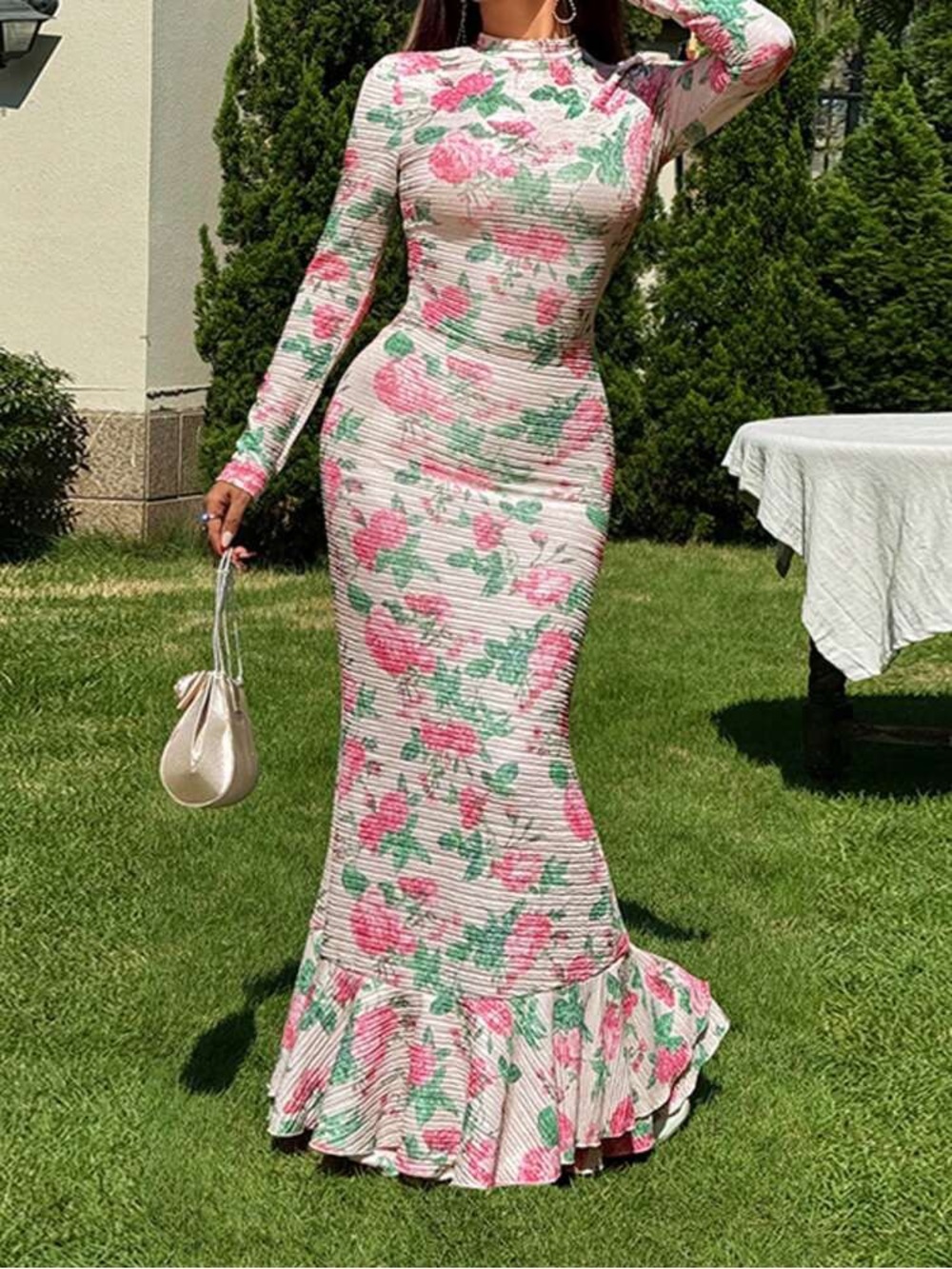 Floral Long Sleeve Mermaid Maxi Dress in Pink & Green